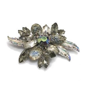 Vintage Judy Lee Molded Lava Glass Brooch, Aurora Borealis Rhinestones, 1950s